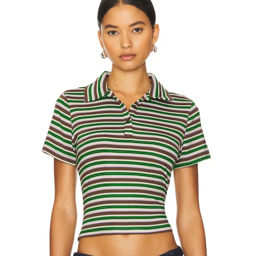 Jaded London Green, White & Brown Striped Polo Crop Top